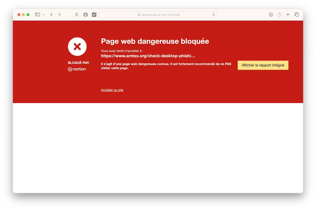 Voici une page comportant une menace de phishing détectée et bloquée par Norton 360