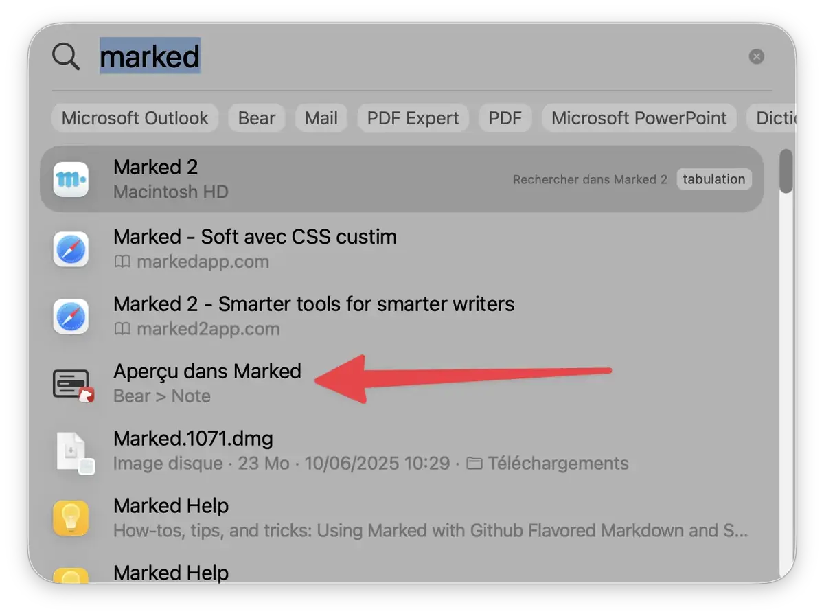Étant dans l'application Bear, en lançant Spotlight, je peux accéder aux éléments des menus de l'application.