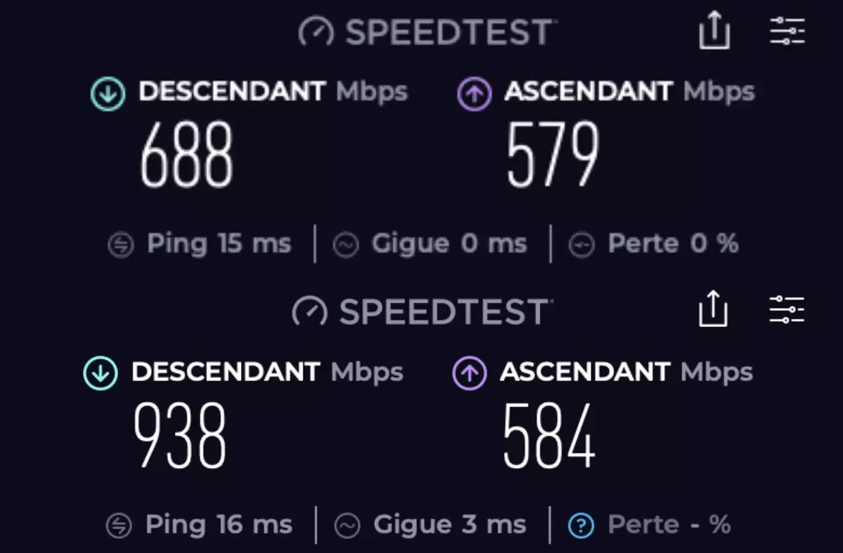 Wi-Fi 6 sur Orbi 960 et M1 Pro en haut, Wi-Fi 6E sur Orbi 960 sur M3 en bas