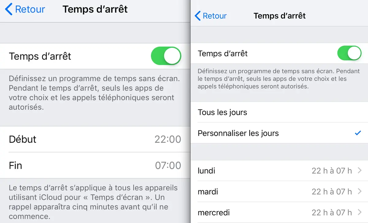 La beta d'iOS 12.2 permet de définir un temps d'arrêt pour chaque jour