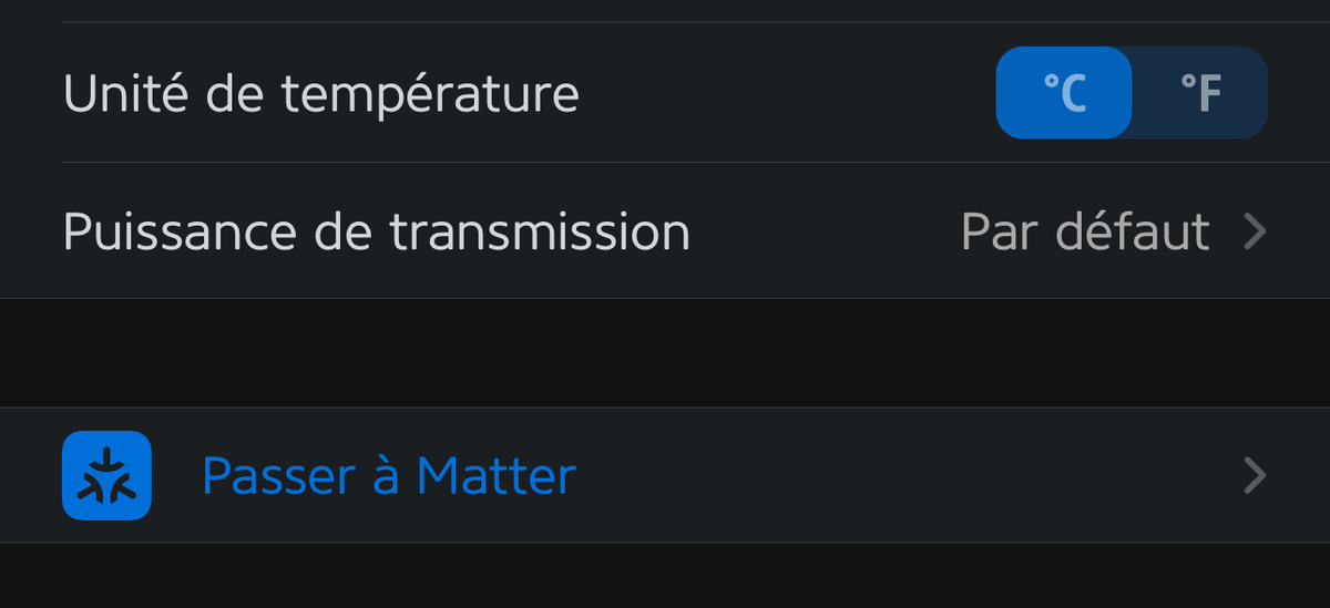 L'option pour passer à Matter dans les options de l'App Eve