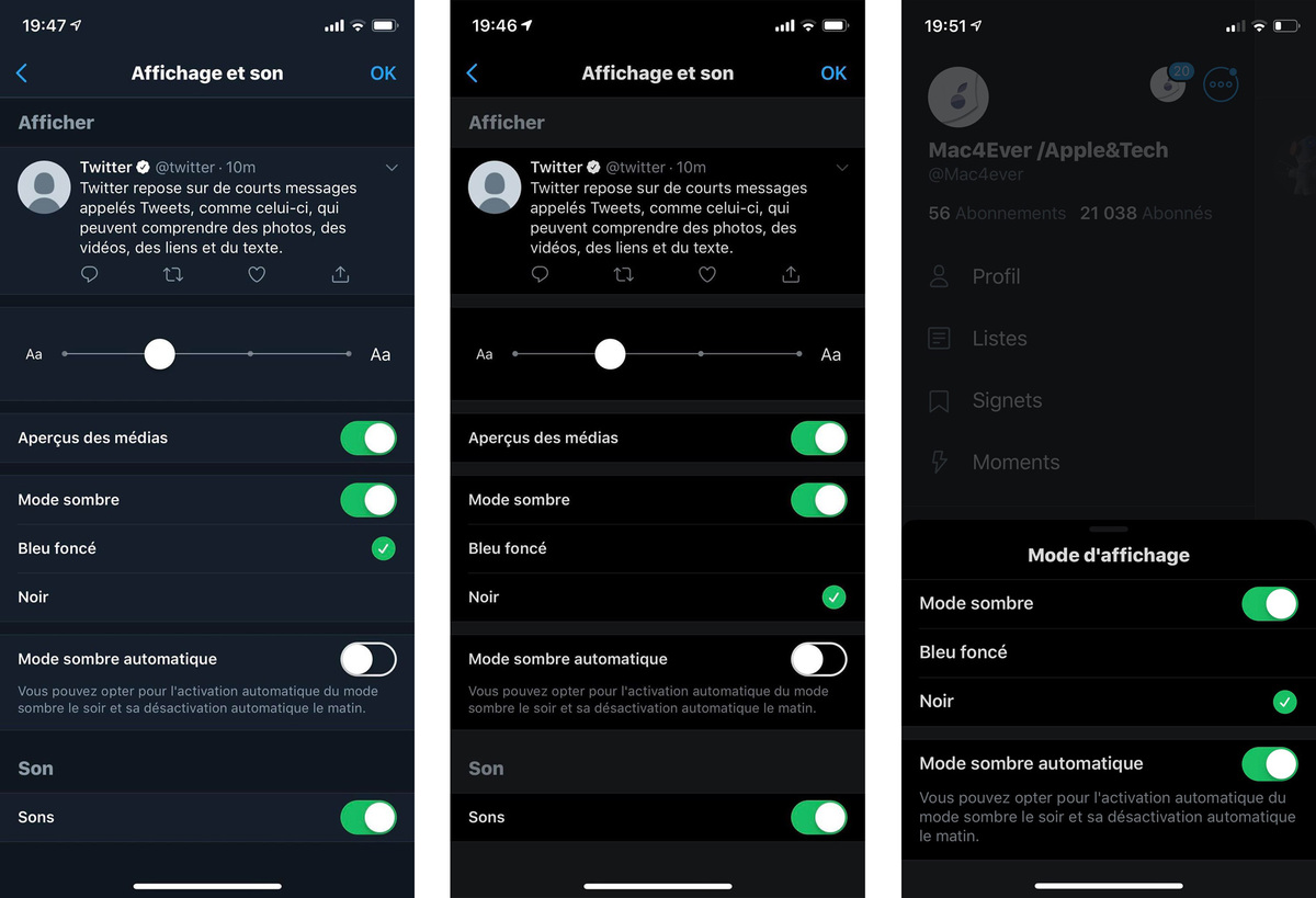 Dark Mode : l’app Twitter offre deux nuances de noir sur iOS (Bleu Foncé et Noir)