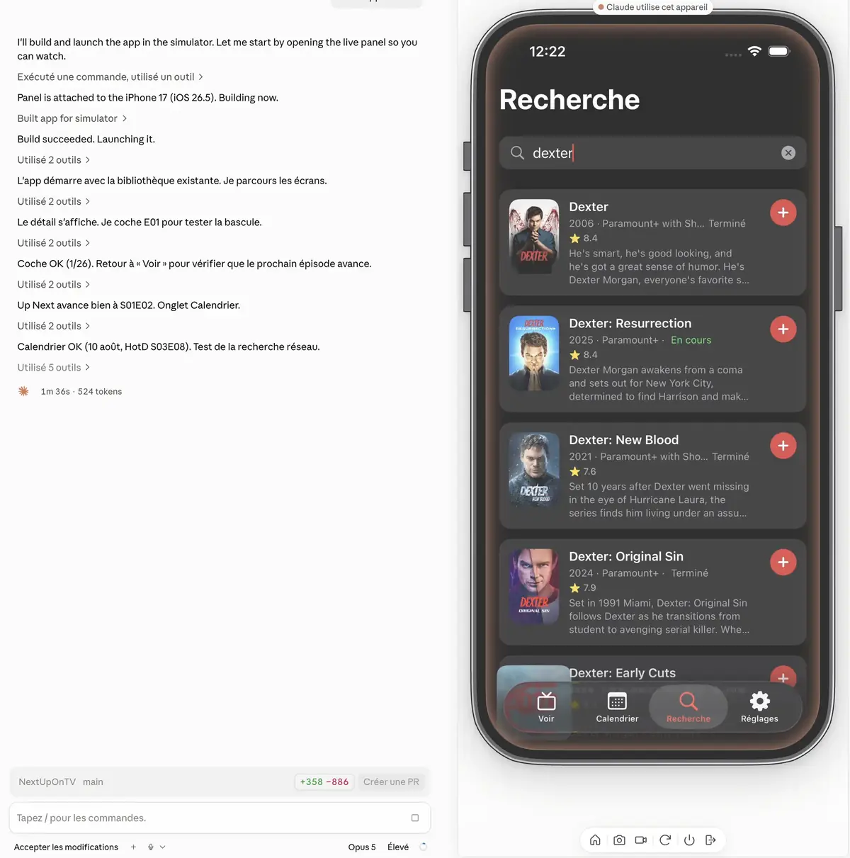 Claude Code qui manipule le simulateur directement dans l'application.