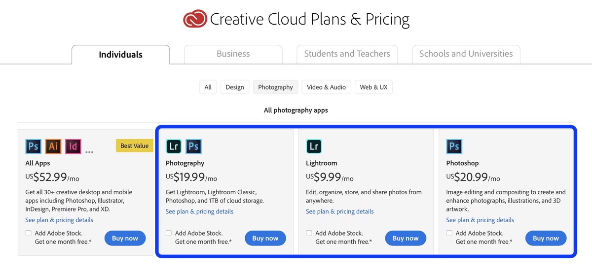 Adobe teste des abonnements Photoshop/Lightroom avec 1To de Cloud (plus chers)