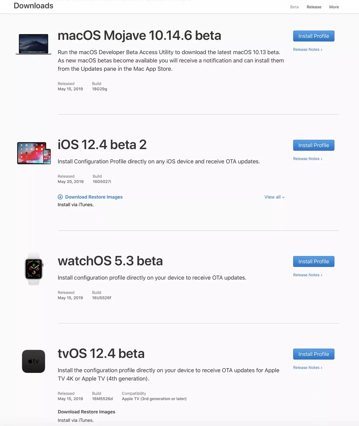 Apple publie les 2èmes bêtas de tvOS 12.4 et watchOS 5.3 et la 3e d’iOS 12.4