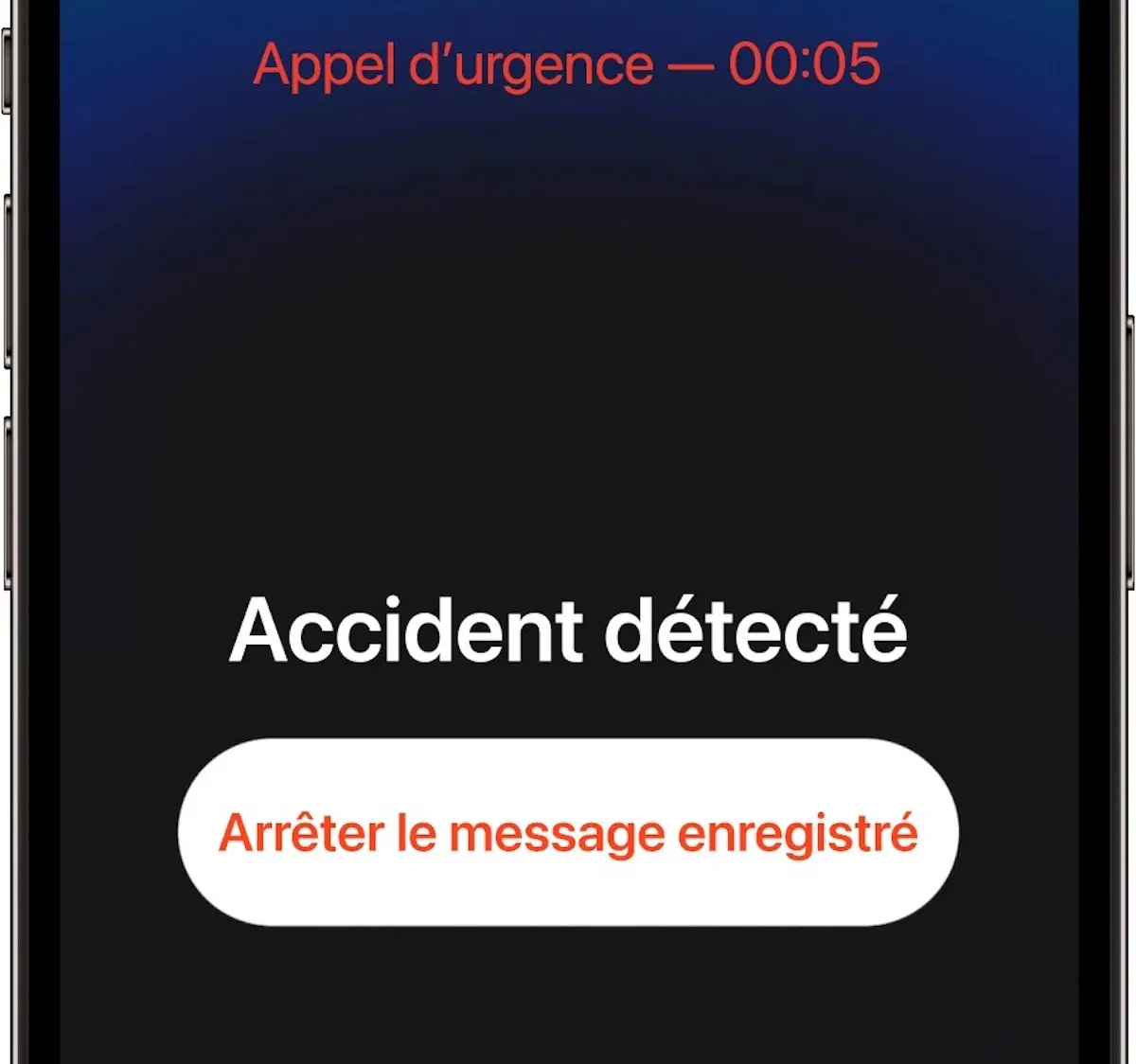 Le message affiché sur un iPhone en cas d'accident, avec l'appel d'urgence automatique