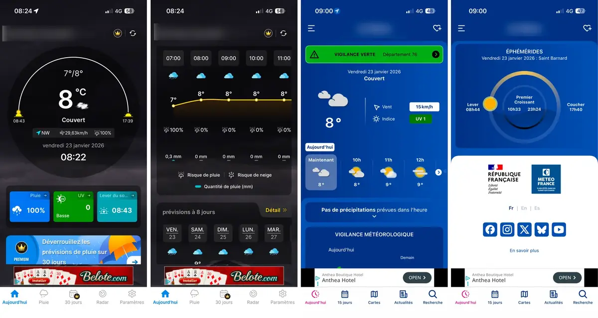 De gauche &agrave; droite&nbsp;: Pr&eacute;visions M&eacute;t&eacute;o, M&eacute;t&eacute;o France