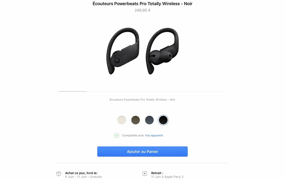 Les Powerbeats Pro sont en vente à 249,95 euros (livraison entre le 6 et le 11 juin)