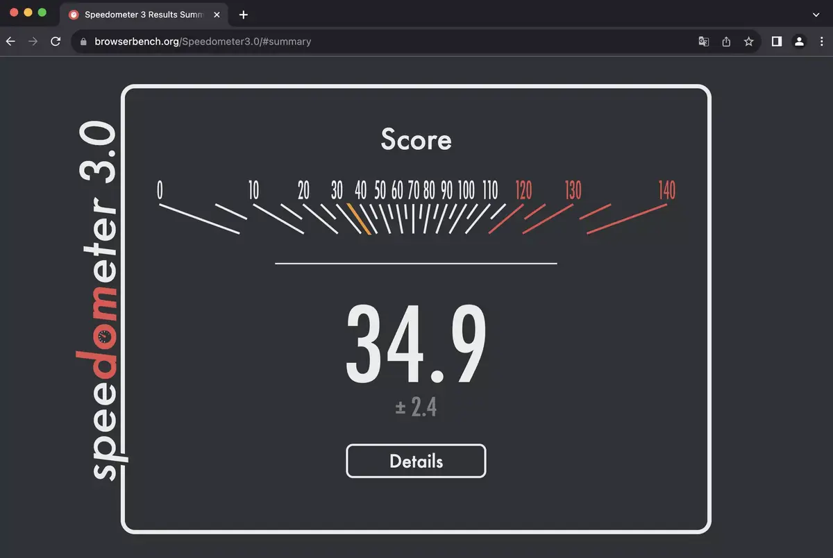 Scores Speedometer 3.0 du MacBook Air M3 sur Chrome