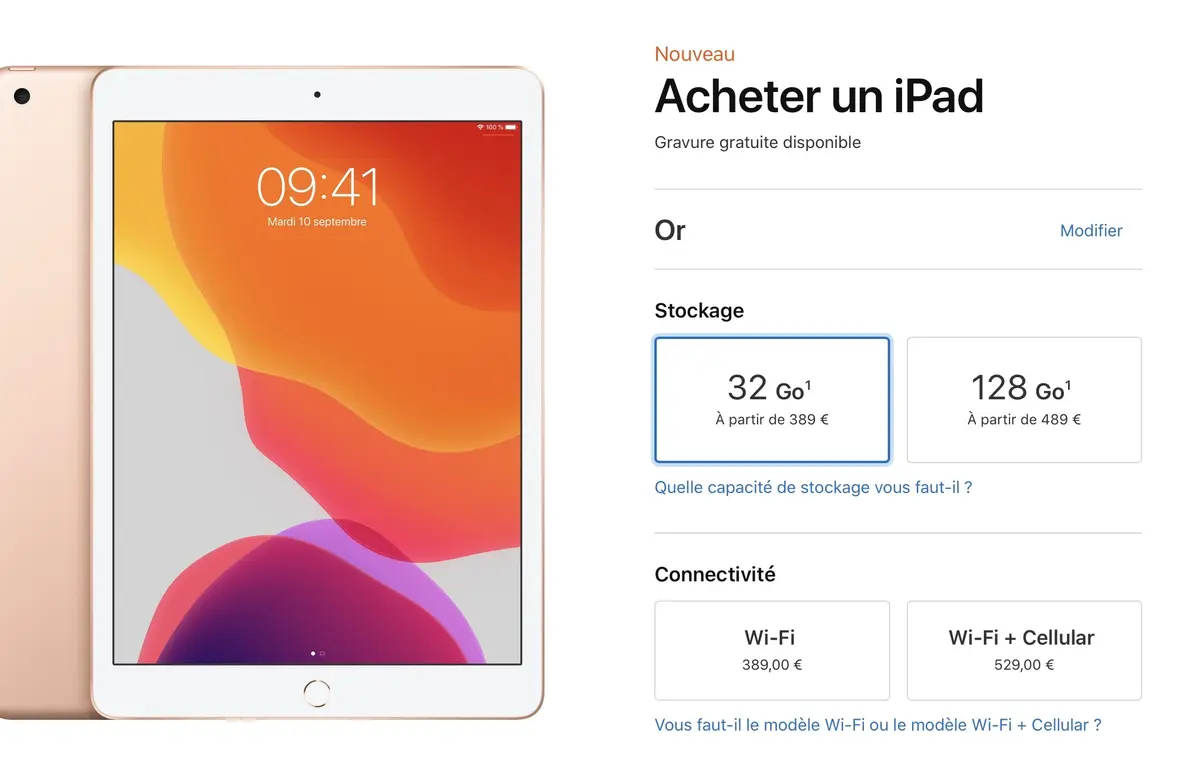 L'iPad 7 10,2" est disponible à partir de 389€ (32 et 128Go)