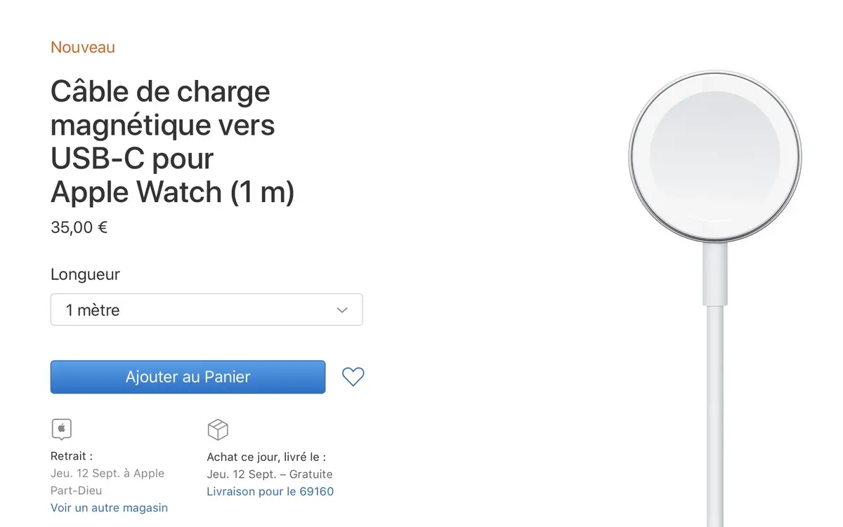 Le câble USB C de l'Apple Watch disponible avec une longueur de 1m