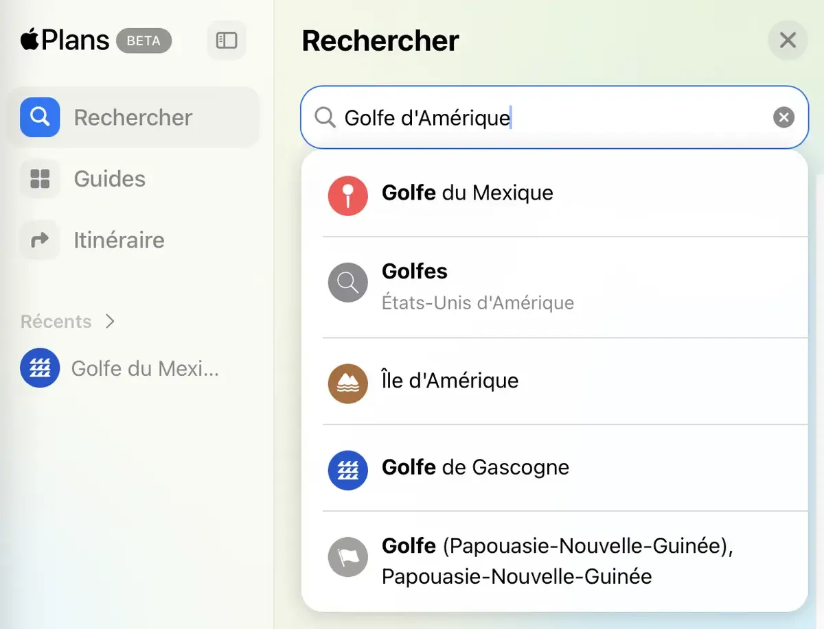 Demi-tour : Apple Plans affiche aussi le Golfe d'Amérique