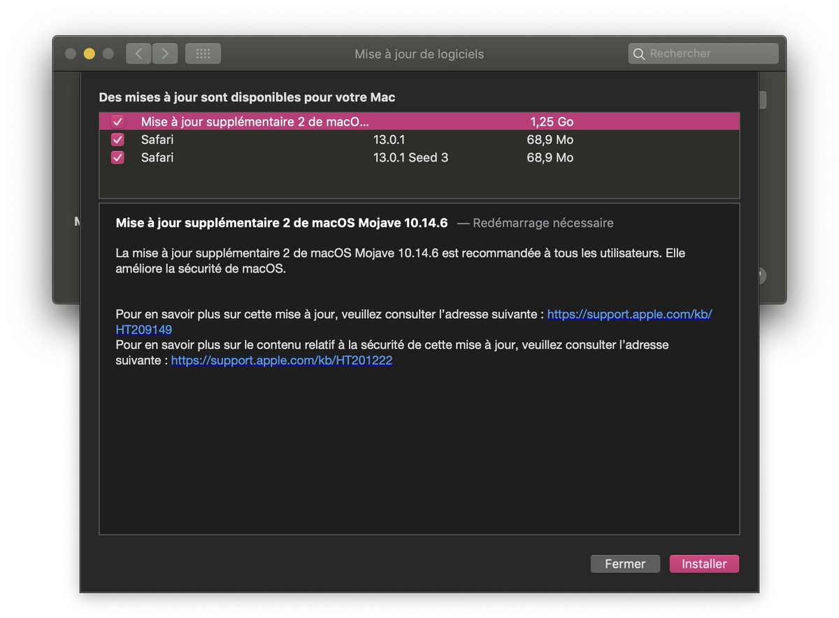 Mise à jour supplémentaire 2 de macOS Mojave 10.14.6