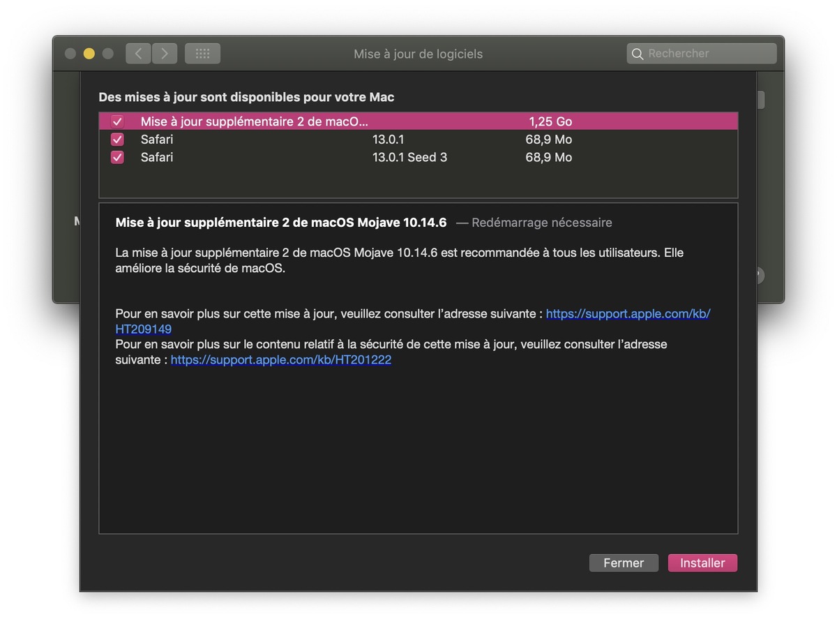 Mise à jour supplémentaire 2 de macOS Mojave 10.14.6