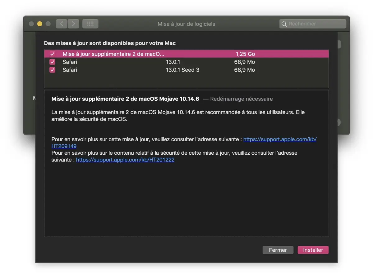 Mise à jour supplémentaire 2 de macOS Mojave 10.14.6