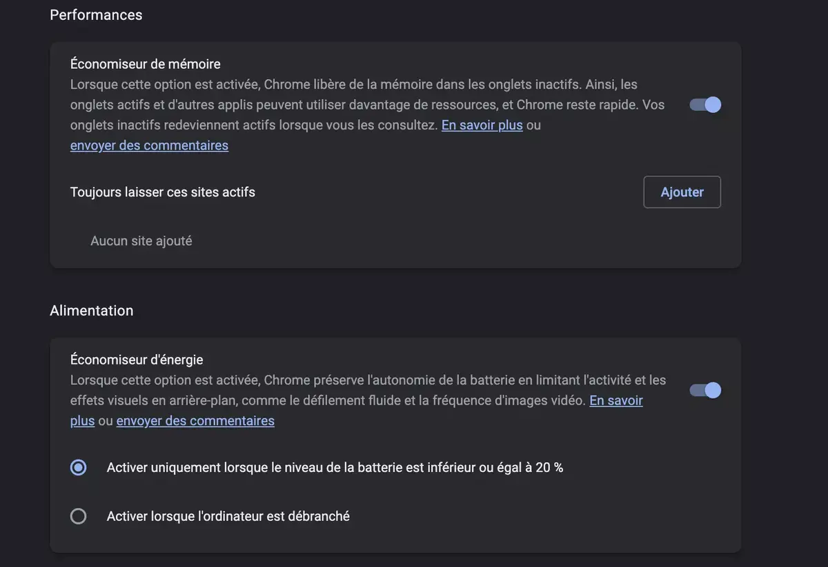 Comment vérifier que les fonctions d'économie de mémoire et d'énergie de Chrome sont activées ?