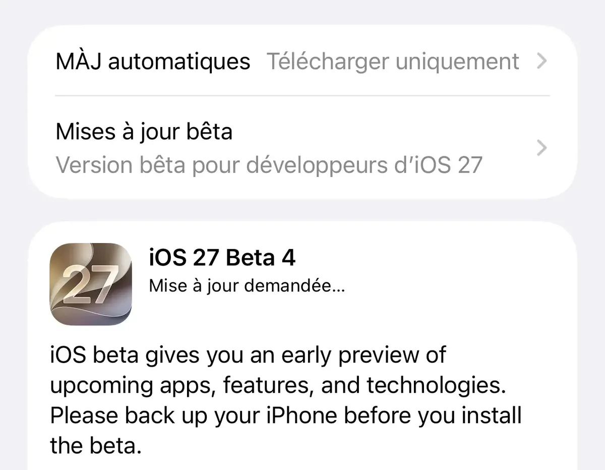 iOS 27 Beta 4 est disponible pour les développeurs !
