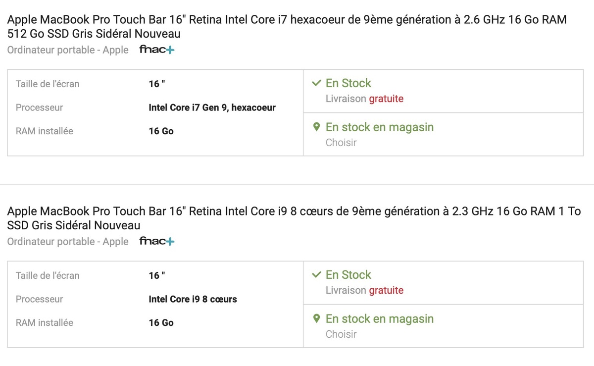 Les MacBook Pro 16" en stock chez certains revendeurs