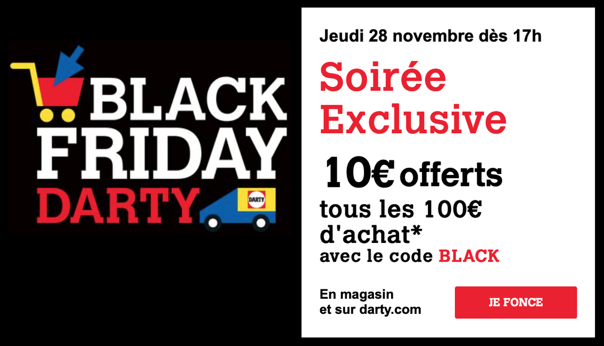 #BlackFriday : 10€ offerts tous les 100€ d'achat chez Darty (cumulable)