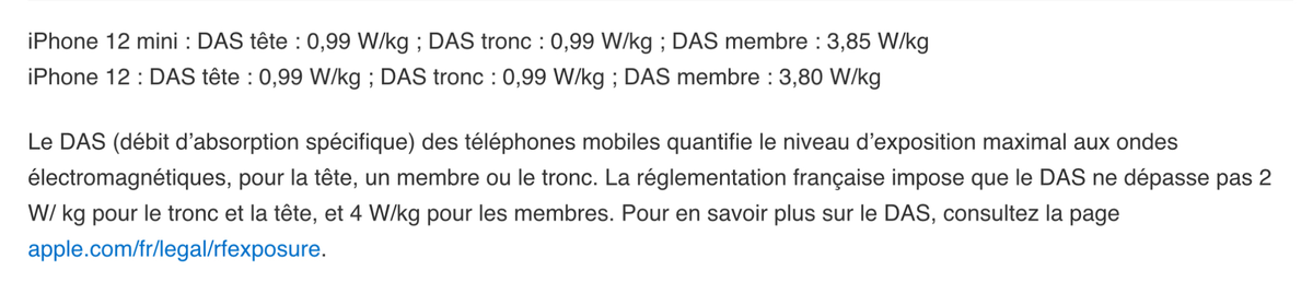 DAS de l’iPhone 12 sur le site d’Apple