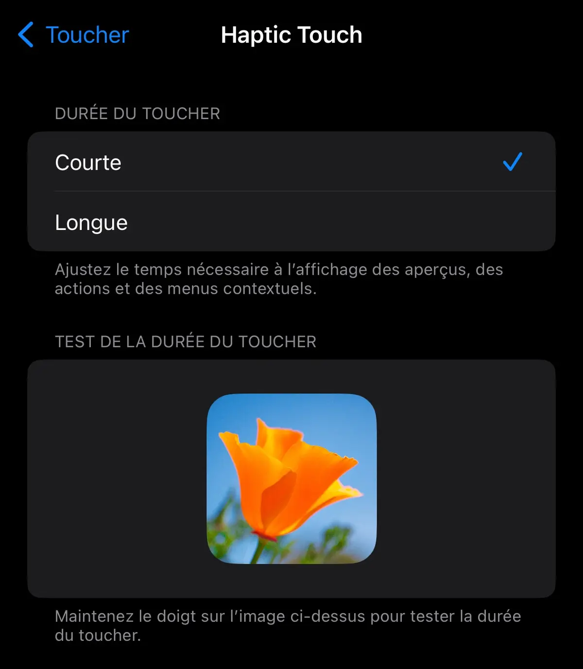 Le réglage de l'Haptic Touch jusqu'à iOS 16.5