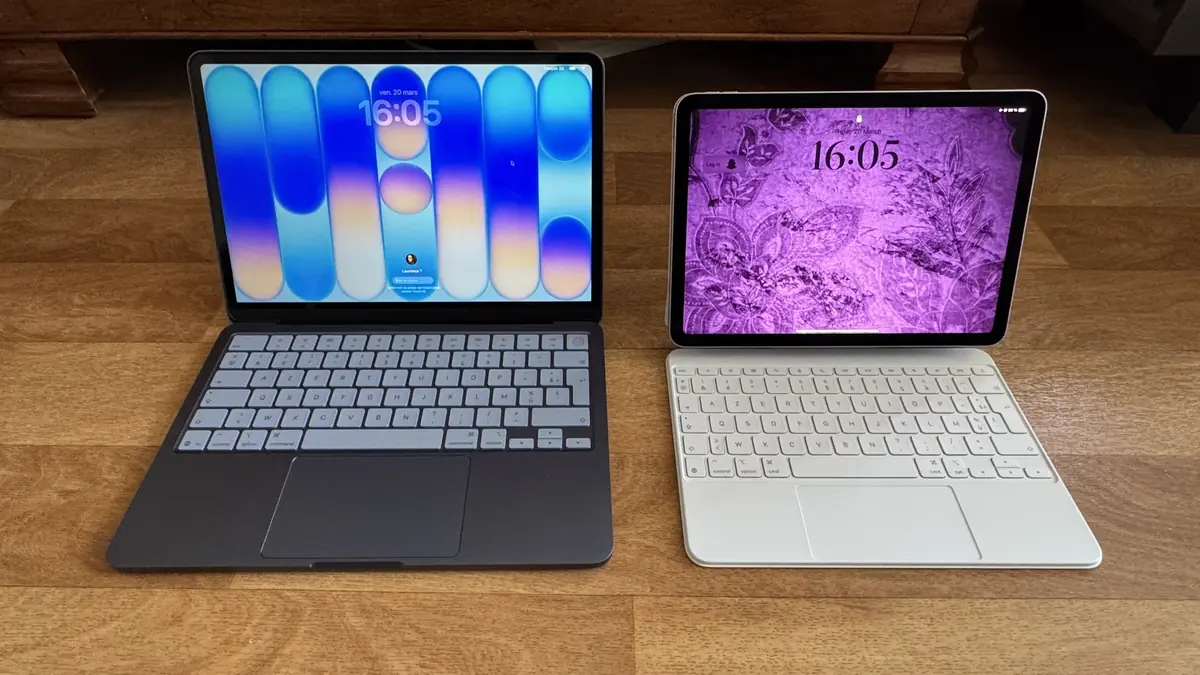 MacBook Neo &agrave; gauche ; iPad Air M4 11" &agrave; droite