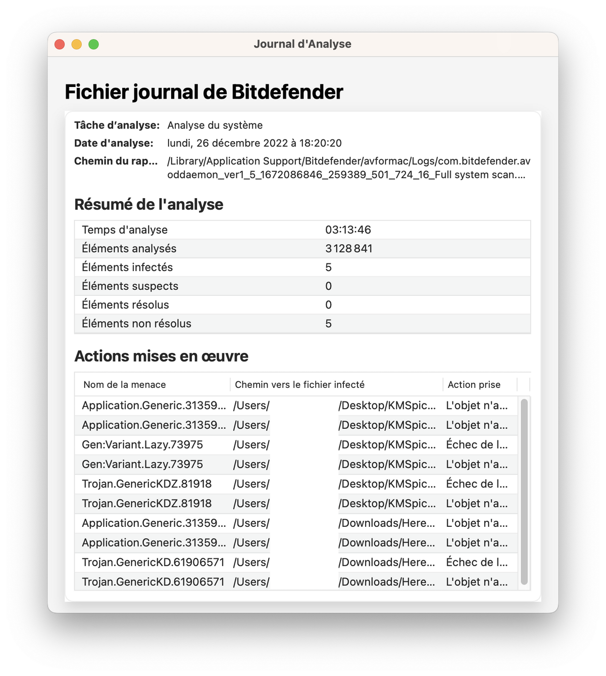 A la fin de l'analyse du disque, Bitdefender propose un journal qui récapitule toutes les actions effectuées