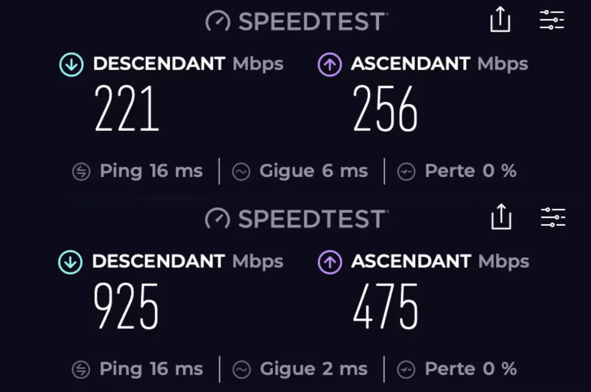 M3 en Wi-Fi 6 sur la box en haut, M3 en Wi-FI 6E sur l'Orbi 960 en bas