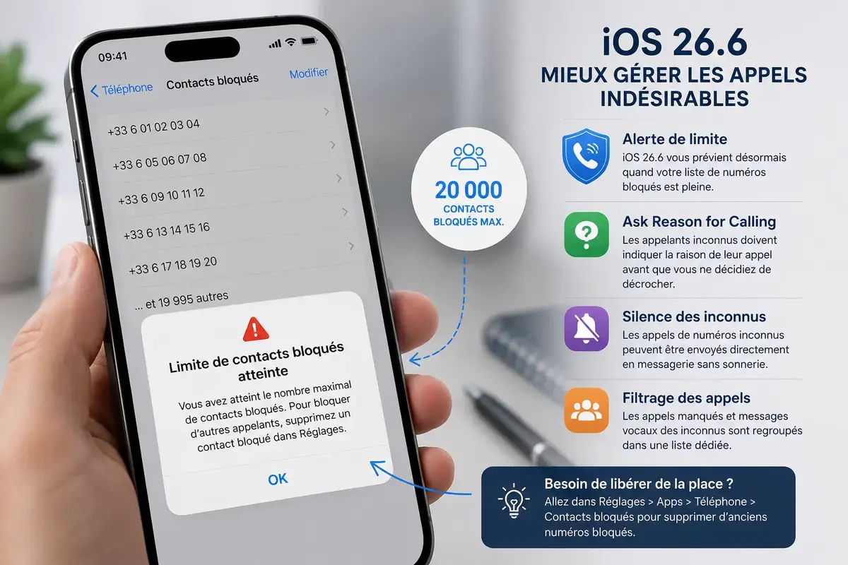 Spam et num&eacute;ros bloqu&eacute;s&nbsp;: iOS 26.6 va pr&eacute;venir en cas de saturation