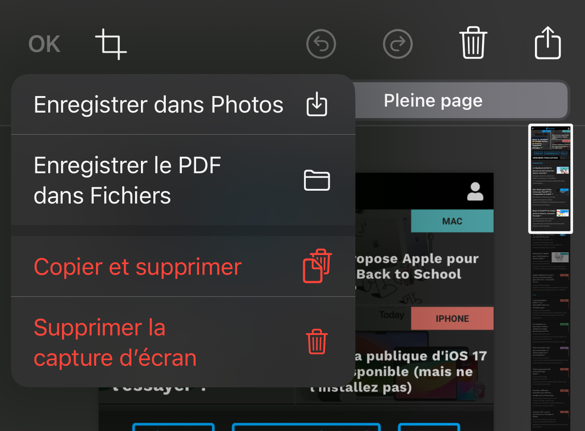 iOS 17 : voici comment enregistrer une capture pleine page dans Photos