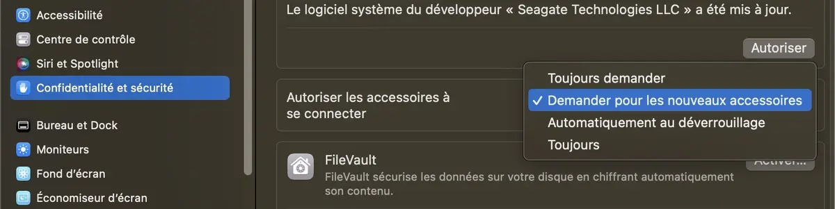 macOS Ventura : comment autoriser les accessoires/SSD à se connecter à son Mac par défaut ?