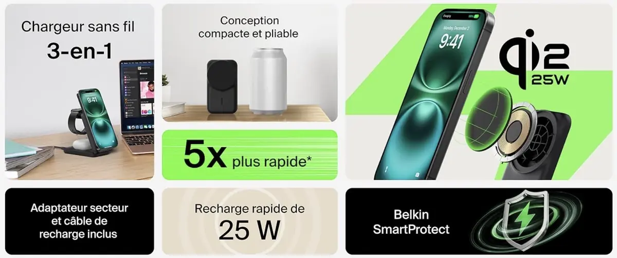 Ce chargeur Belkin 3-en-1 est en promo&nbsp;: parfait pour les nouveaux iPhone, AirPods et Apple Watch&nbsp;!