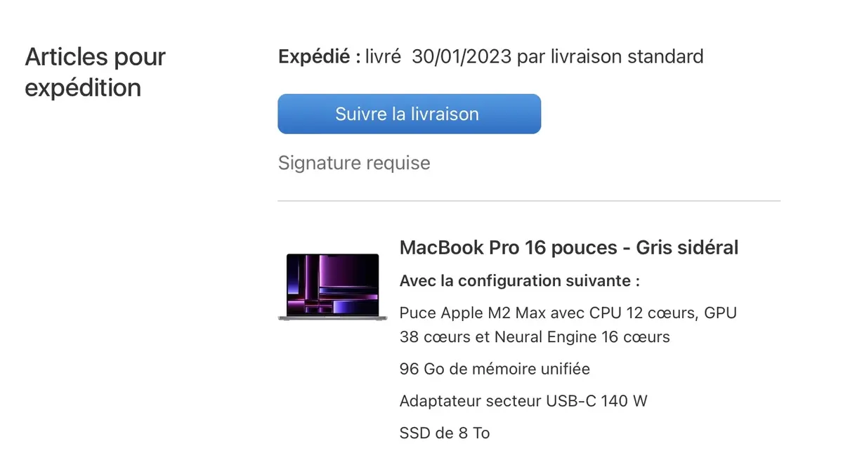 Le MacBook Pro M2 Max toutes options a déjà été expédié