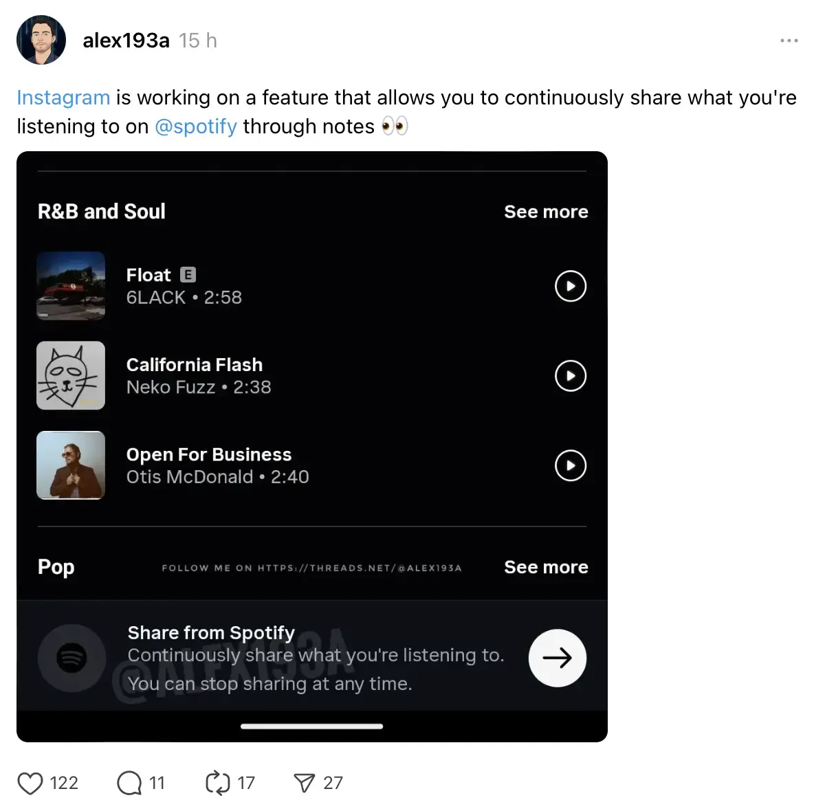 Bientôt une fonctionnalité de type MSN sur Spotify et Instagram