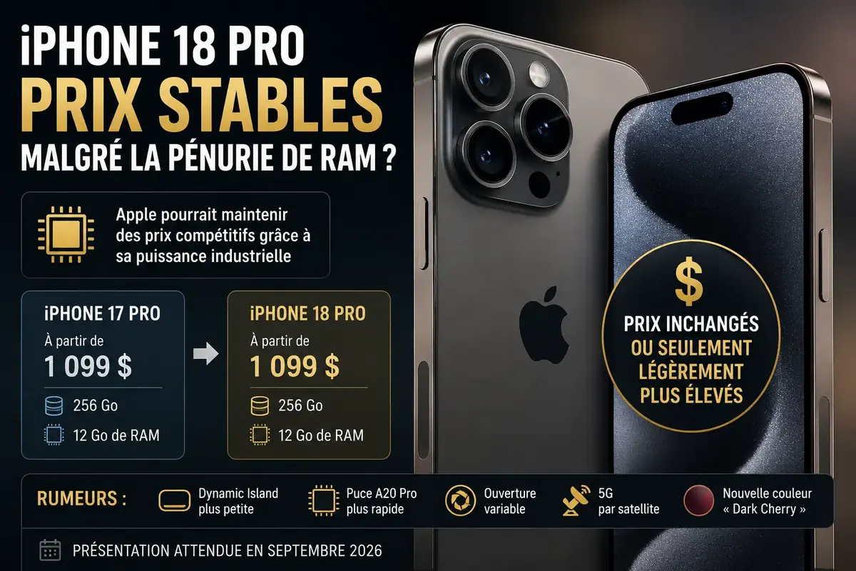 P&eacute;nurie de RAM&nbsp;: Apple a un plan B pour le prix de l'iPhone 18 Pro