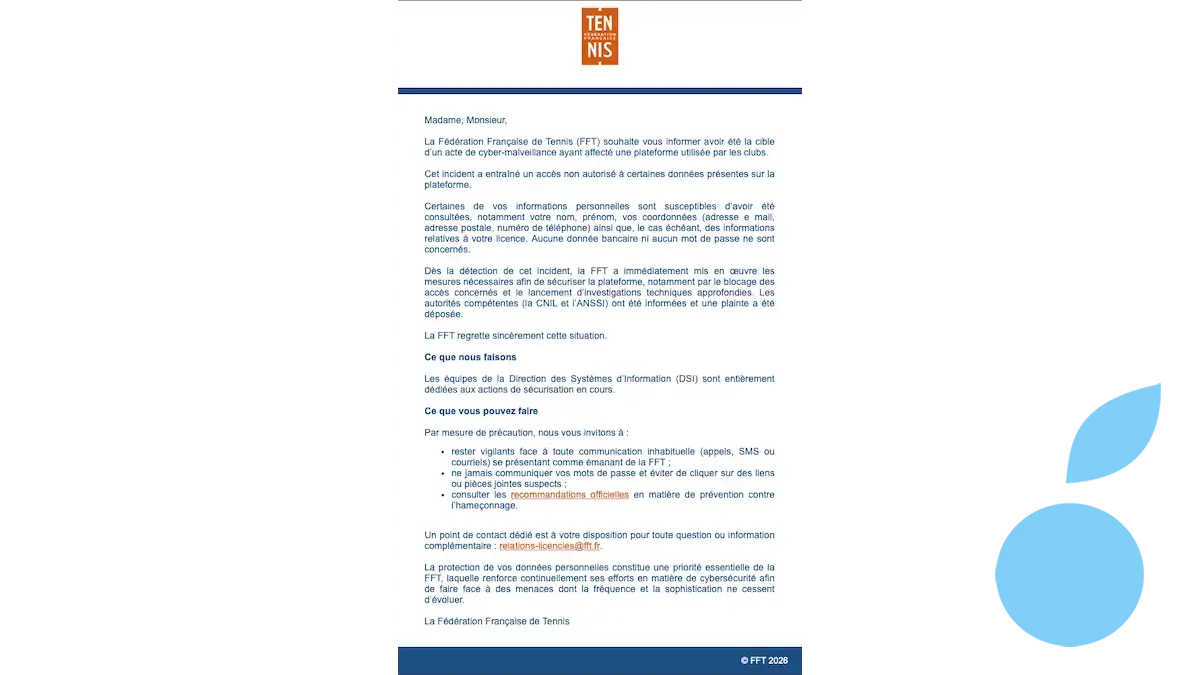 Piratage cyberattaque f&eacute;d&eacute;ration fran&ccedil;aise du tennis (FFT)