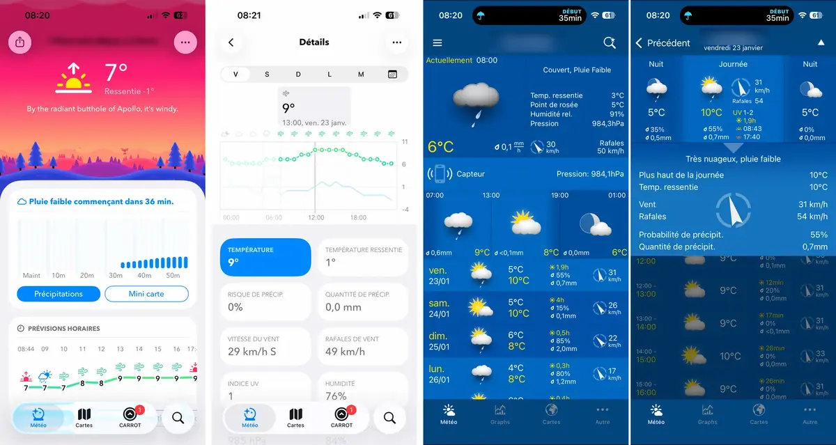 De gauche &agrave; droite&nbsp;: Carrot Weather, Weather Pro