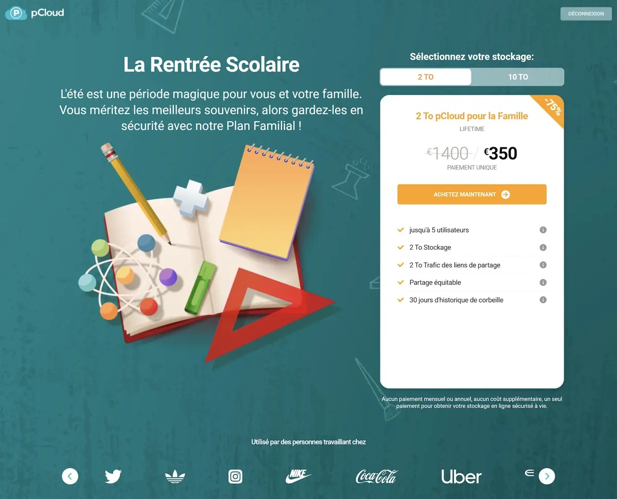 pCloud : derniers jours à -80% sur les offres Family Lifetime (à vie) : 2 To (5 p.) à 350€ !