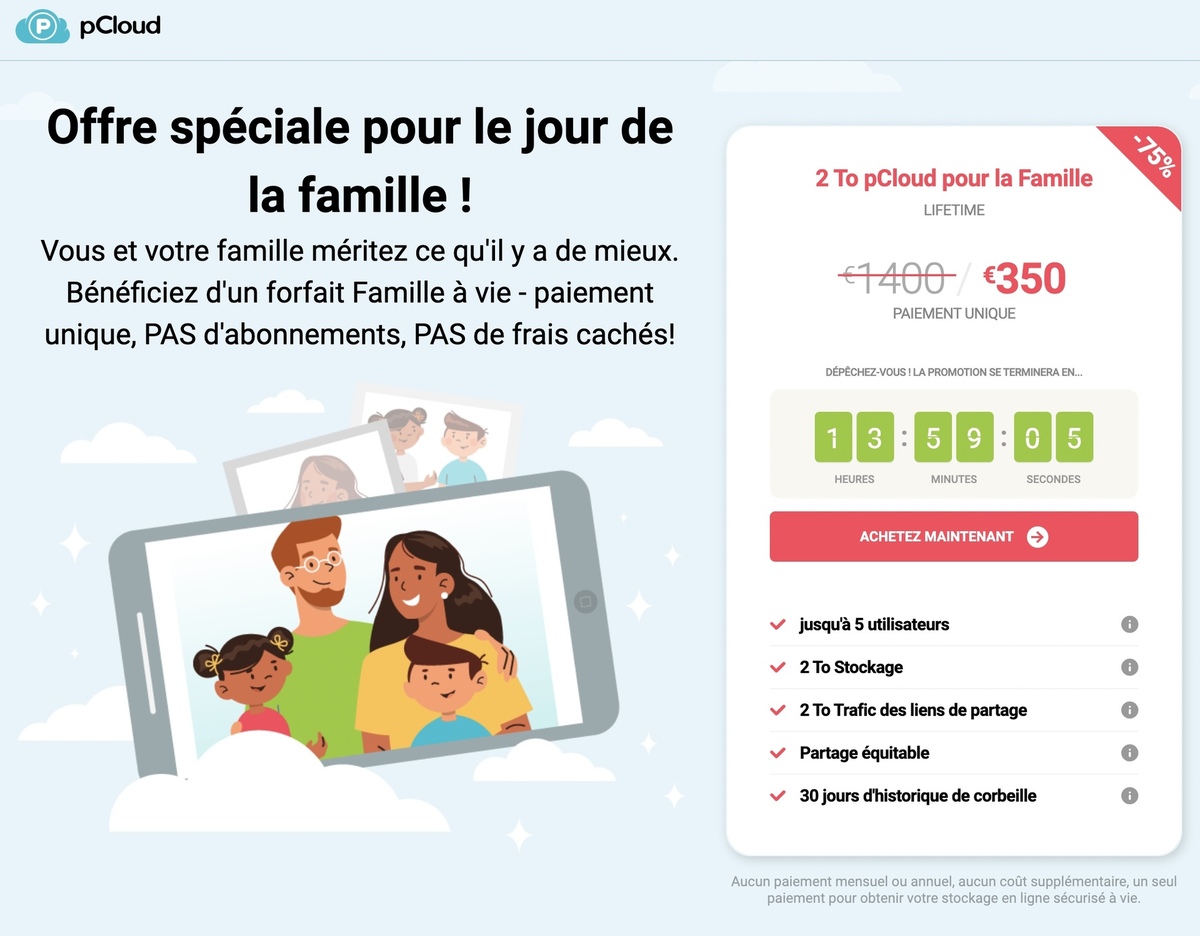 pCloud : dernier jour à -75% sur les offres Family Lifetime (à vie) : 2 To (5 personnes à 350€)