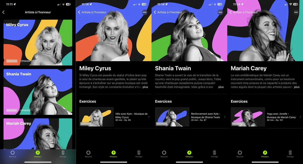 Apple Fitness+ propose de s'entrainer avec Miley Cyrus, Mariah Carey et Shania Twain