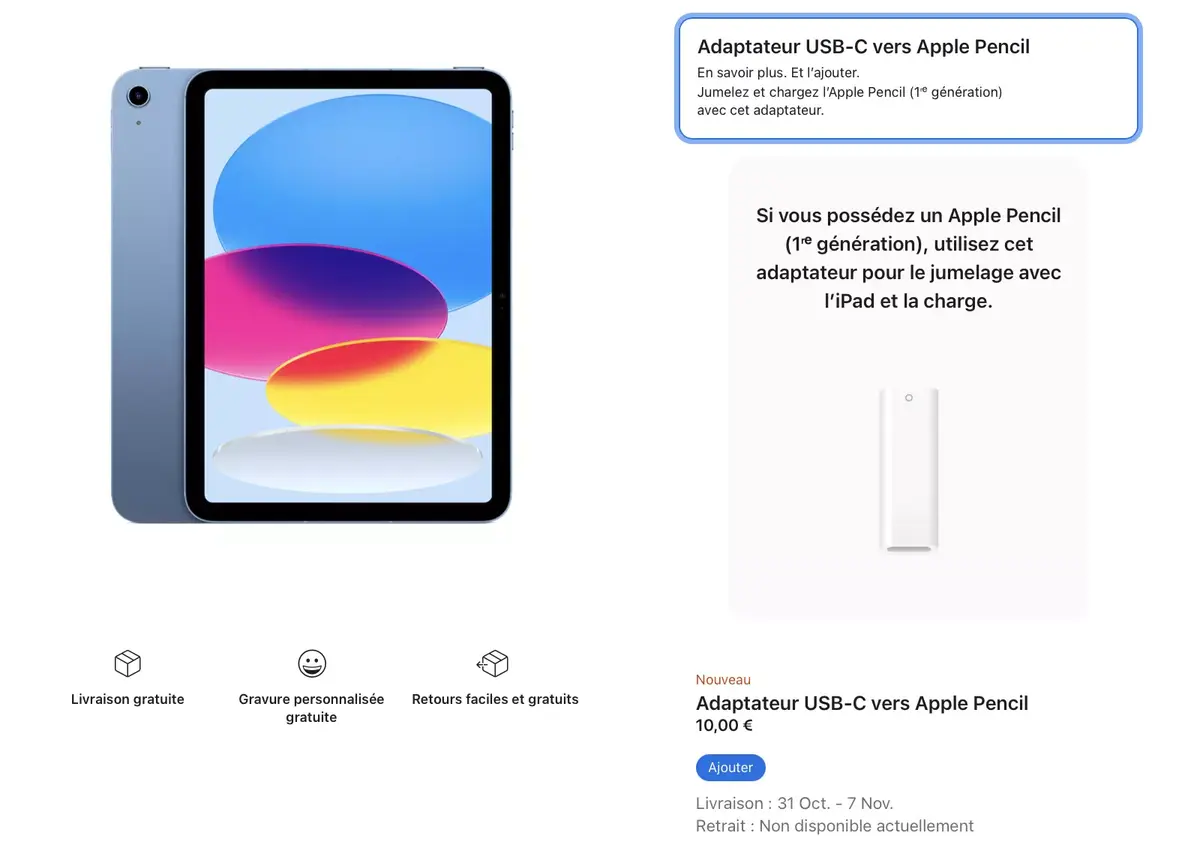 iPad 10 : l'adapteur USB-C vers Apple Pencil affiche déjà des délais de livraisons 