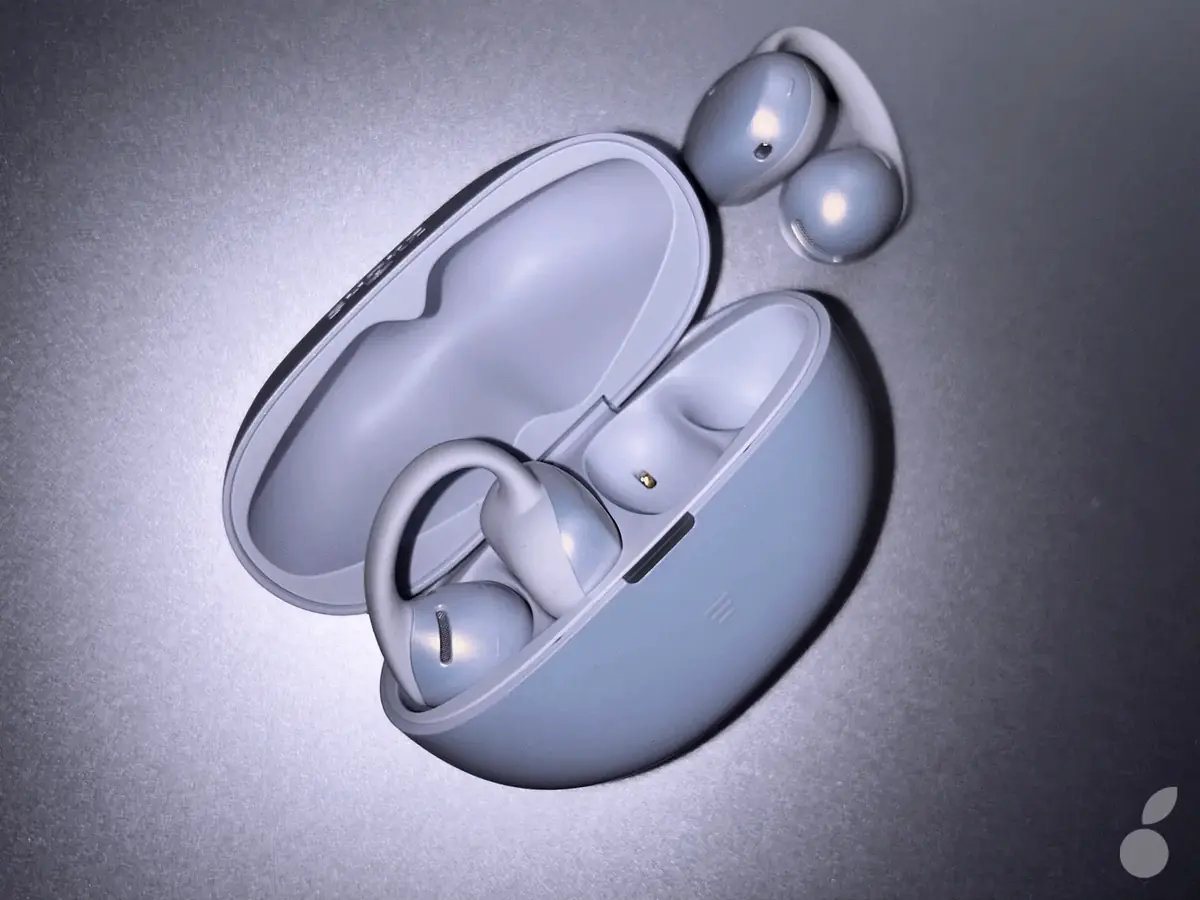 Shokz OpenDots Air sur iPad Air en mode violet