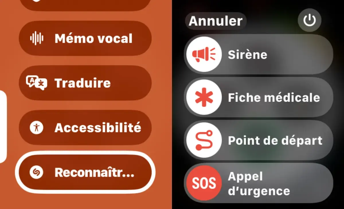 Le nouveau menu intermédiaire à gauche, et les options si vous maintenez l'appui sur le bouton à droite