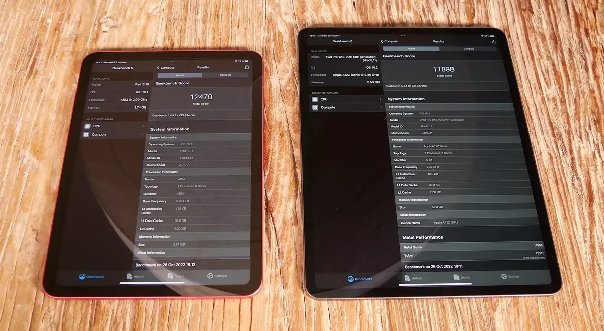 Geekbench GPU : iPad 10 à gauche, iPad Pro 2018 à droite