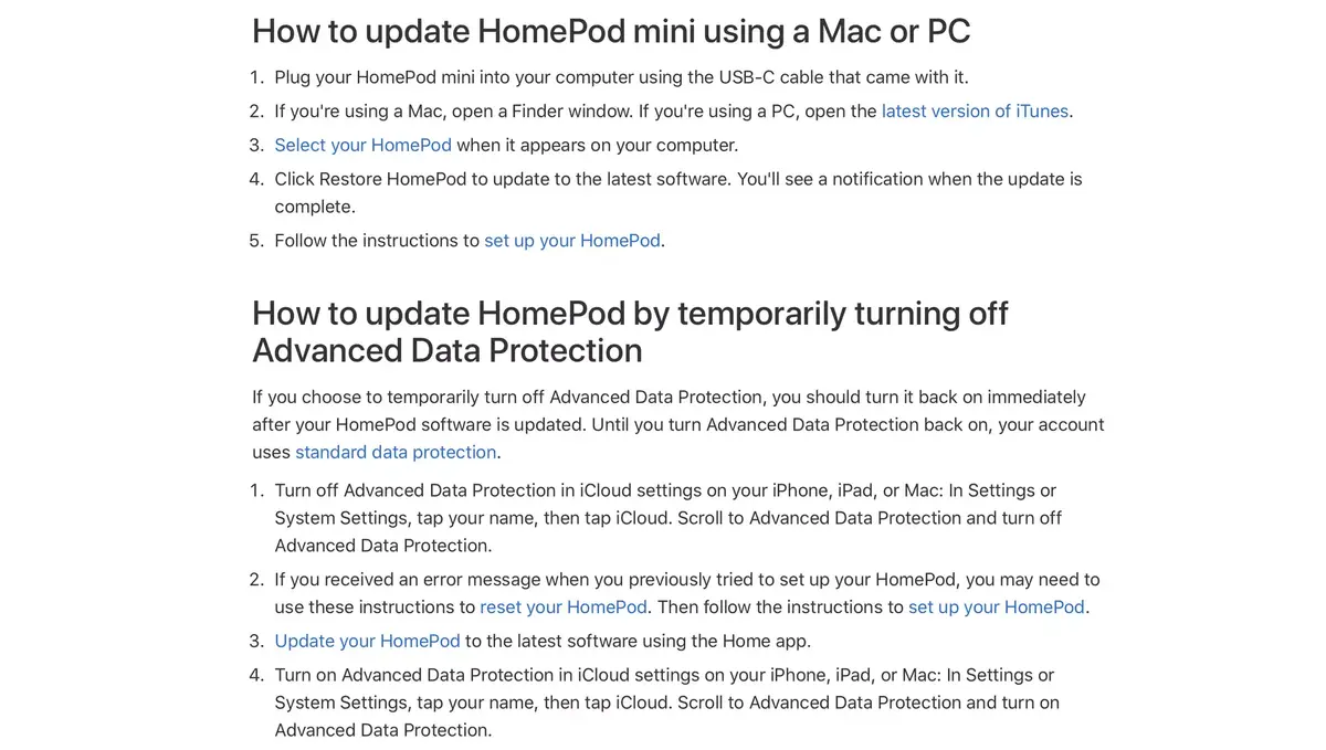 N'activez pas la protection avancée des données iCloud avant de mettre à jour les HomePod