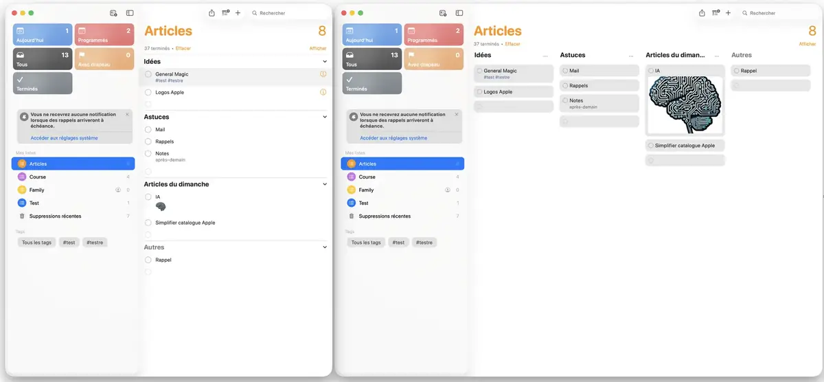 À gauche la vue sous forme de listes, à droite la vue sous forme de colonnes.