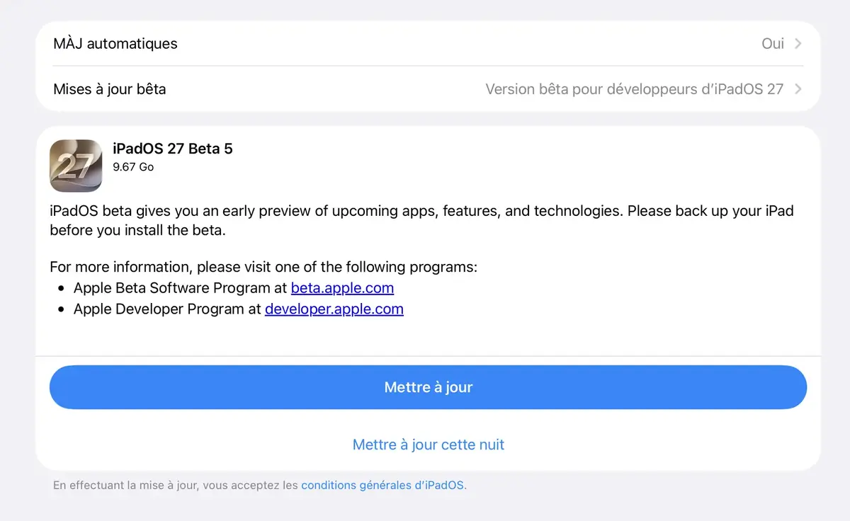 Les b&ecirc;tas 5 d'iOS 27, iPadOS 27, macOS 27 sont disponibles&nbsp;! (+ Mise &agrave; jour de s&eacute;curit&eacute;)