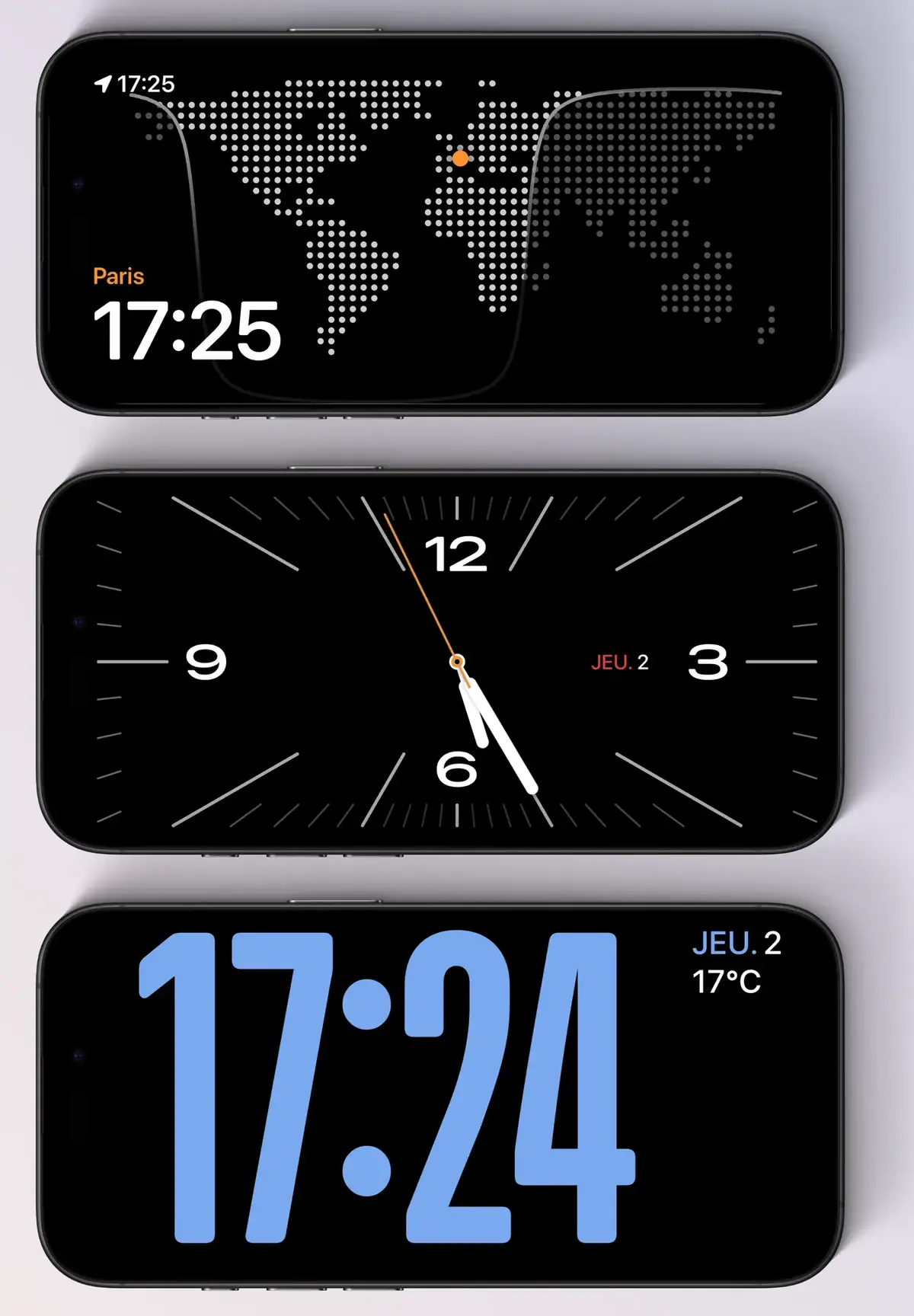 Les diff&eacute;rents style d'horloge en mode en veille.