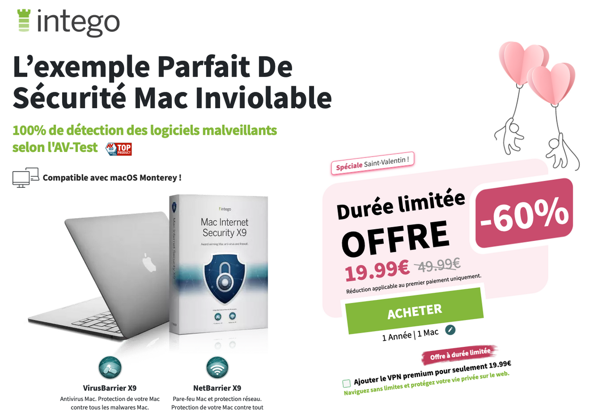 Jusqu'à -65% sur les offres de sécurité Intego pour la St-Valentin