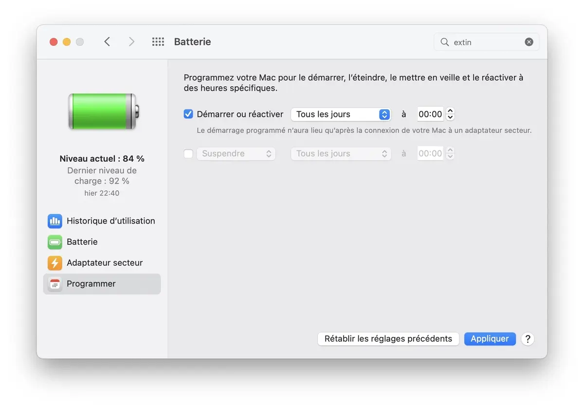 macOS Ventura retire le réglage de programmation d'allumage/extinction automatique